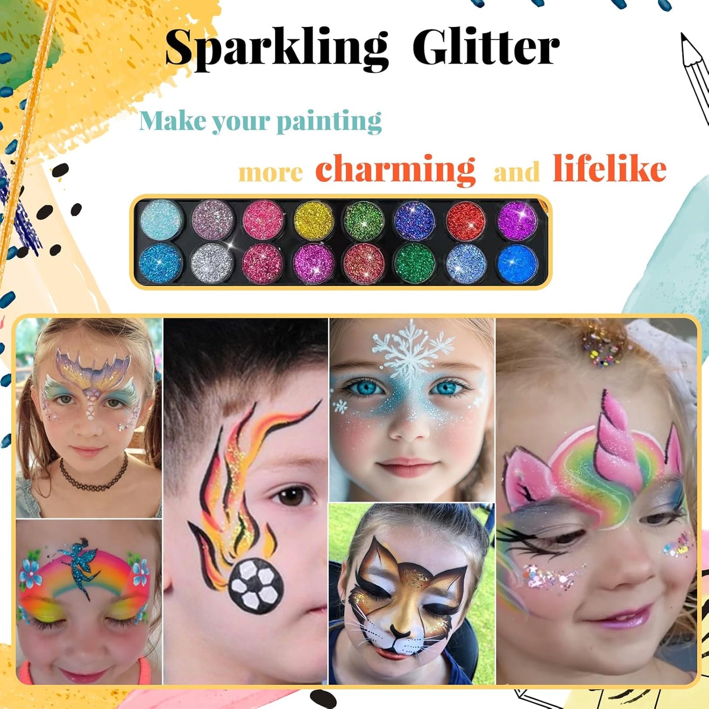 Face Painting Kit for Kids, 42 Colors Professional Face Paint Makeup Kit Non-Toxic Water Activated Facepaint Pallette with Brushes, Stencils, Sponge, Gems, for Party Cosplay Halloween (42 Colors)