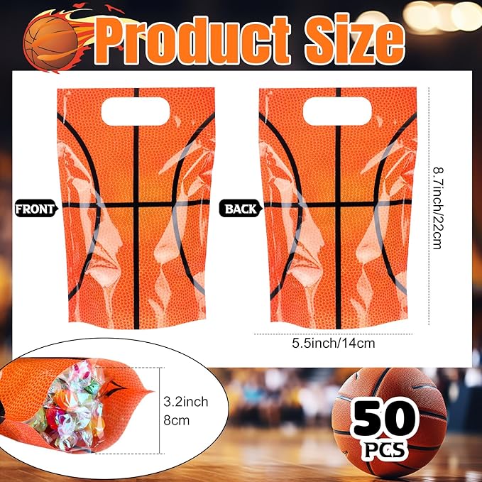 Blosssound 50 Pcs Basketball Goodie Bags Sport Sealing Pouches with Handles Clear Resealable Basketball Party Plastic Bags for Sports Theme Birthday Party Candy Gift Wrap Supplies Decoration