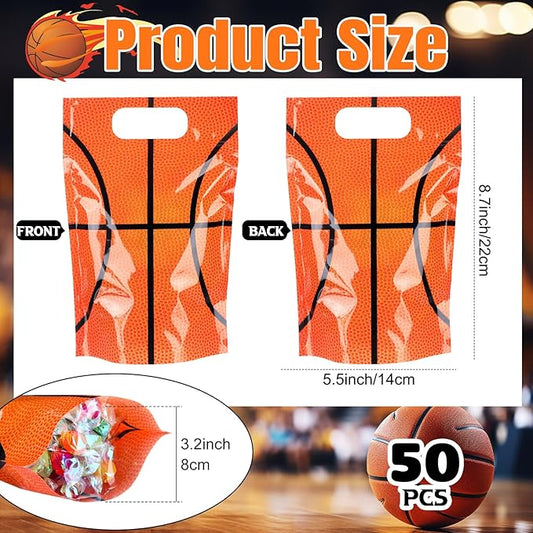 Blosssound 50 Pcs Basketball Goodie Bags Sport Sealing Pouches with Handles Clear Resealable Basketball Party Plastic Bags for Sports Theme Birthday Party Candy Gift Wrap Supplies Decoration