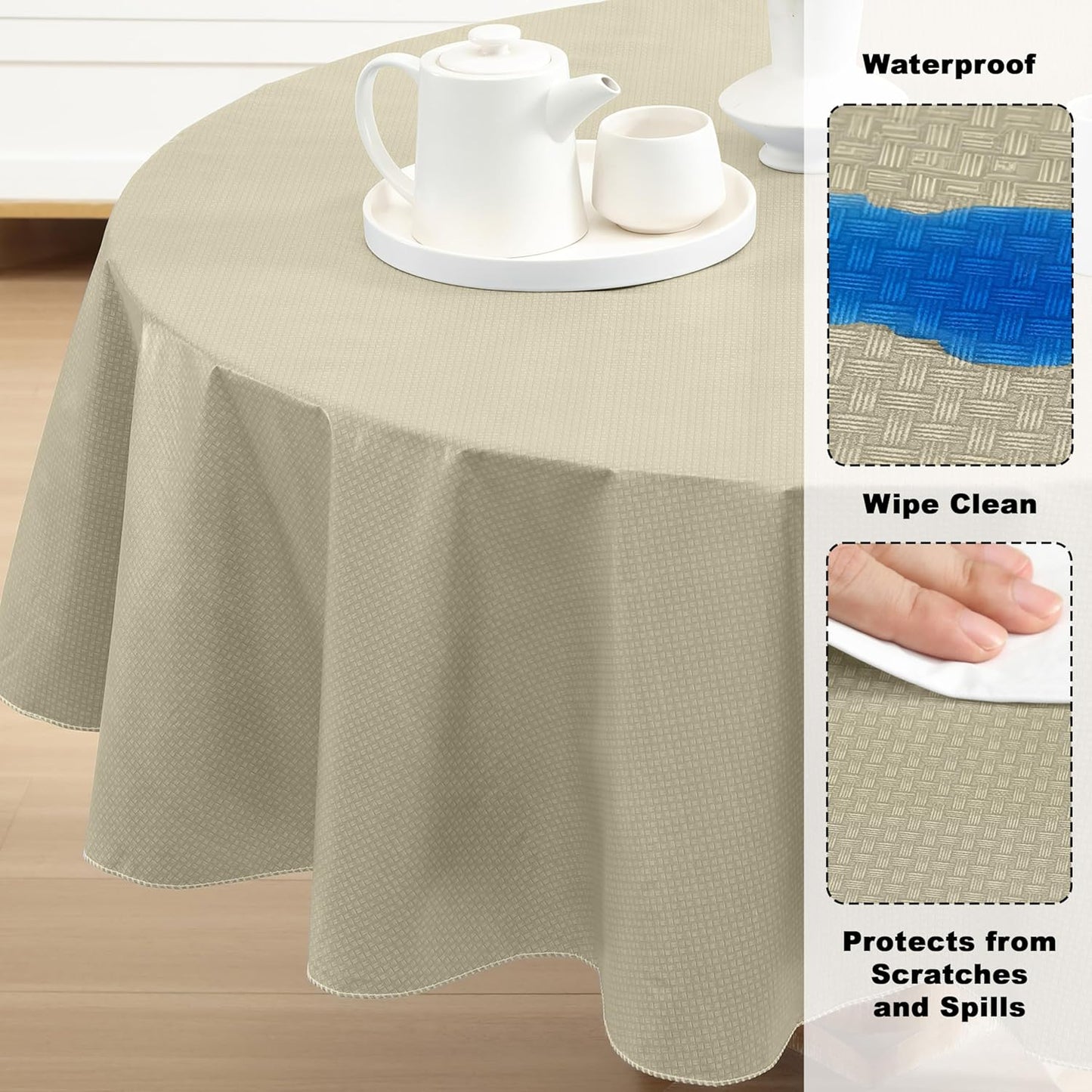 Newbridge Basketweave Vinyl Flannel Backed Tablecloth, 70 Inch Round, Natural, Basket Weave Textured Indoor Outdoor Waterproof Table Cover for Patio, Kitchen, Dining