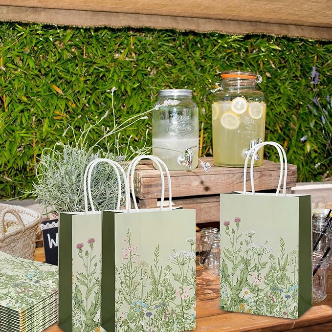 Bolsome 24Pcs Vintage Wildflower Paper Gift Bags Retro Floral Party Favor Bags with Handles Herb Goodie Candy Treat Bags for Wedding Birthday Baby Shower Party Supplies