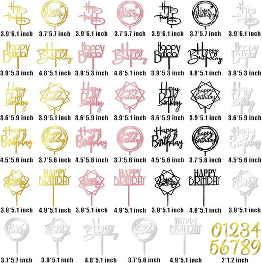 50 PCS Acrylic Happy Birthday Cake Topper Gold Black Pink Silver Cake Topper Pick for Birthday Cake Decorations (4 Colors)