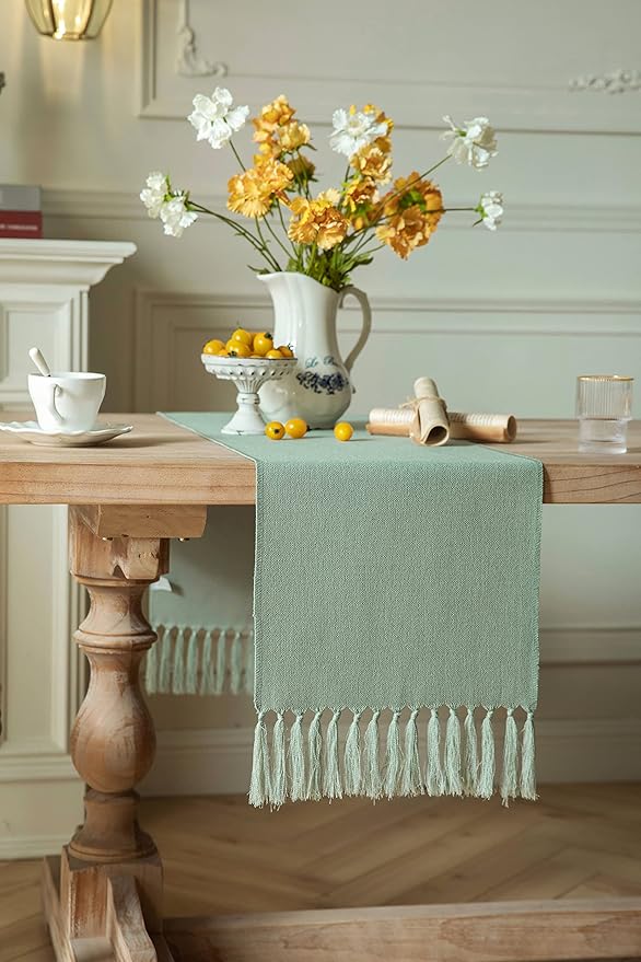 ZeeMart Sage Table Runners 36 Inches Long, Burlap Linen Style Rustic Farmhouse Table Runner, Small Short Boho Coffee Table Runner, 13x36 Inches, Seafoam