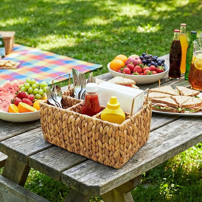 Wicker Utensil Holder with Handle – Handwoven Water Hyacinth Flatware Caddy with 4 Compartments – Rustic Cutlery Organizer for Kitchen, Dining Table, Picnic & BBQ