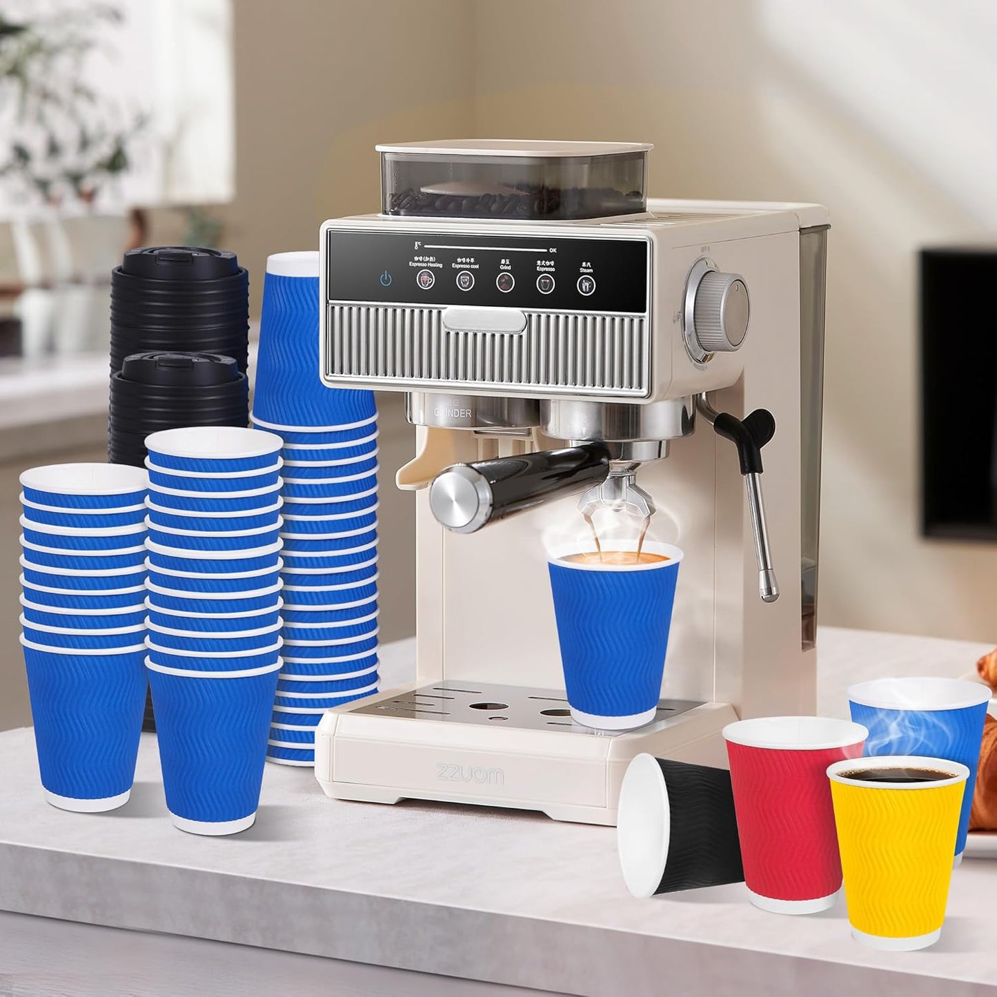 12 oz Coffee Cups 100 Pack, 4-Color Corrugated Paper Cups with Ripple Wall, Insulated for Hot & Cold Drinks, Assorted Colors (Red, Blue, Black, Yellow)