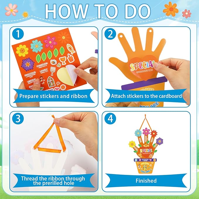 Frienda 48 Set Sunday School Craft Kit for Kids Spring Religious Flower Handprint Art Craft God Says You are Bible Prayer Sticker Ornament VBS Church Activity Gift for Mother's Day Teacher Day