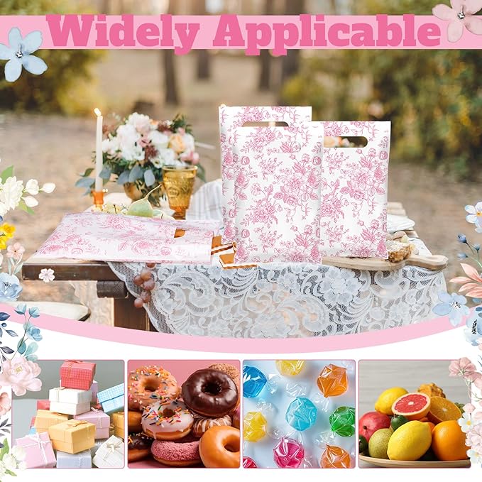 Supervitae 100 Pcs Plastic Pink Gift Bags Flower Party Favor Bags Bulk with Handles for Valentine Mother's Day Birthday Spring Wedding Bridal Baby Shower Snacks Goodies Candy Treat Tea Party Supplies