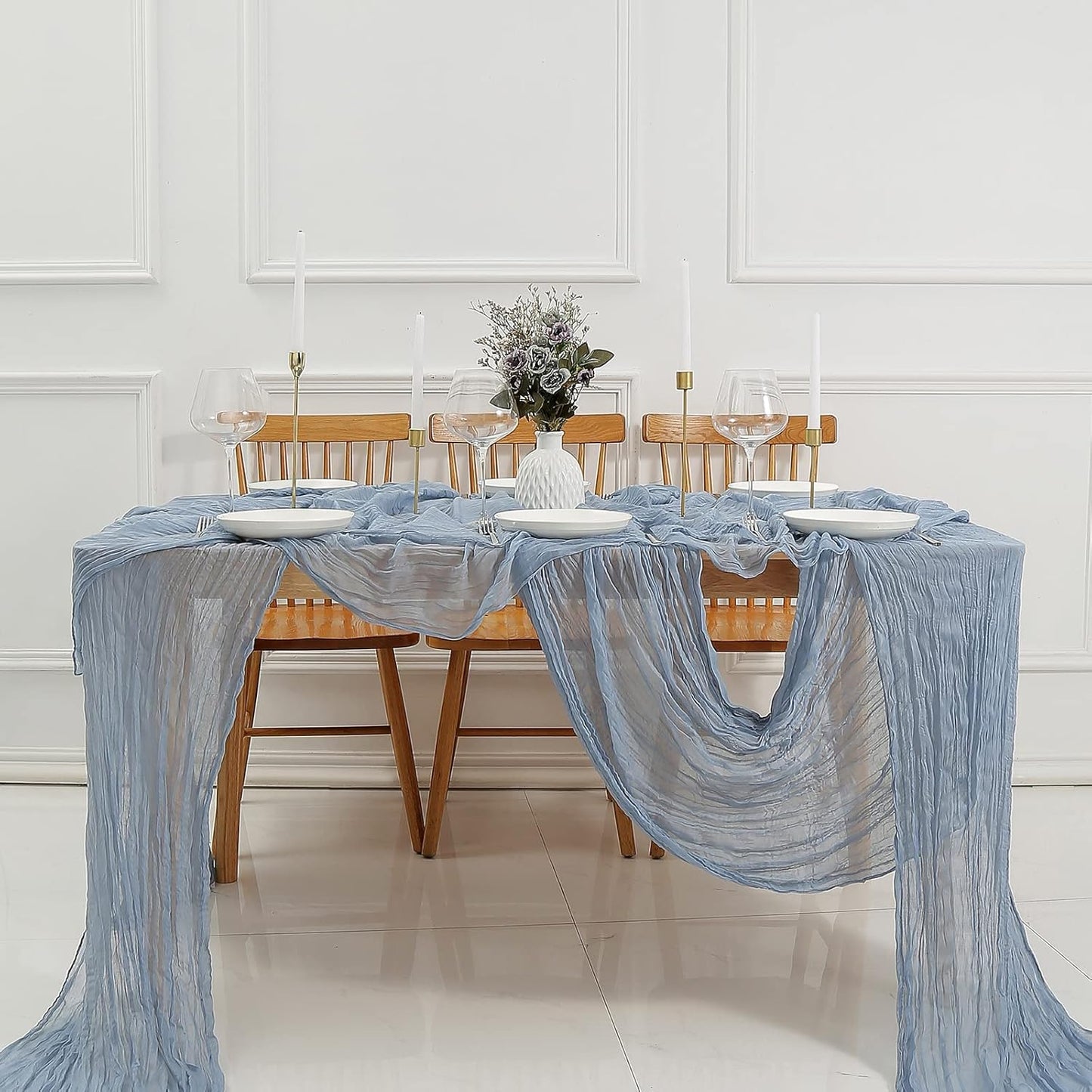 DOLOPL 8PCS Dusty Blue Cheesecloth Table Runner Bulk 13.3ft Boho Gauze Cheese Cloth Table Runner Rustic Sheer Runner 160inch Long for Wedding Bridal Baby Shower Birthday Party Cake Table Decorations