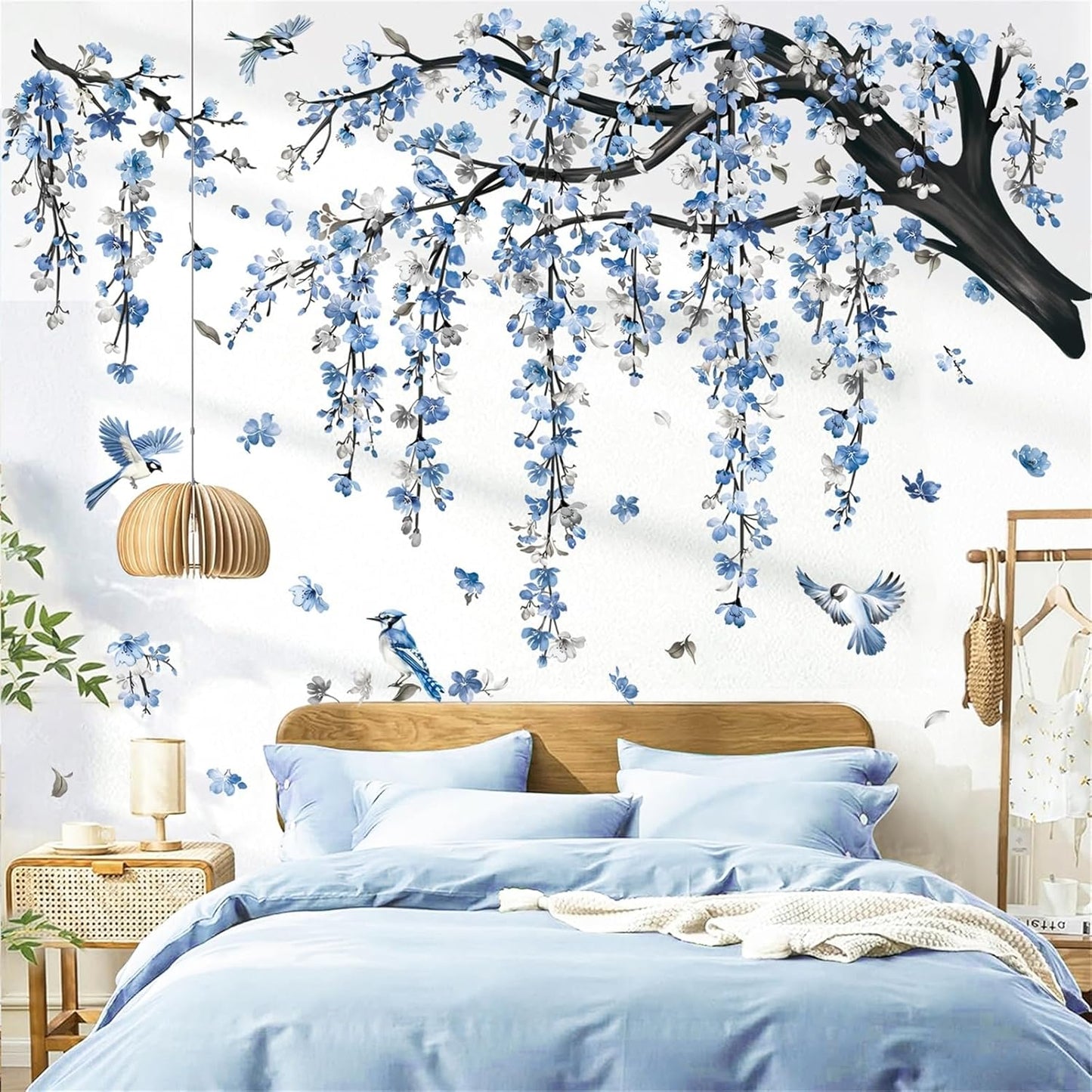 decalmile Large Blue Flower Branch Wall Decals Watercolor Cherry Blossom Tree Floral Birds Wall Stickers Living Room Bedroom TV Background Home Decor