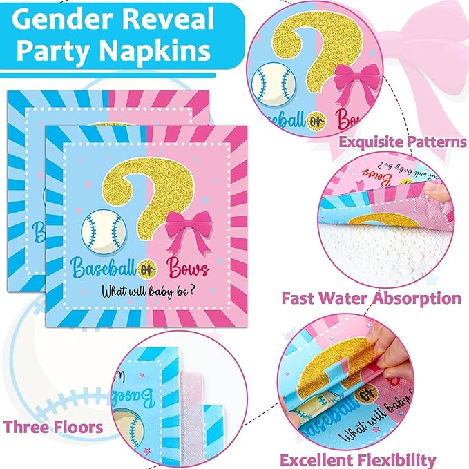 OBUSATT 96Pcs Baseball or Bows Gender Reveal Party Supplies Baseball Gender Reveal Paper Plates Napkins Boy or Girl Baseballs or Bows Decorations Blue or Pink Baseballs Party Tableware Serves 24
