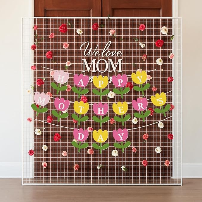 Happy Mother's Day Banner Set Decoration for Mother's Day Party Decorations Backdrop Garland for Mom Mother's Day Glitter Garland Photo Props (Pink Yellow Flower)