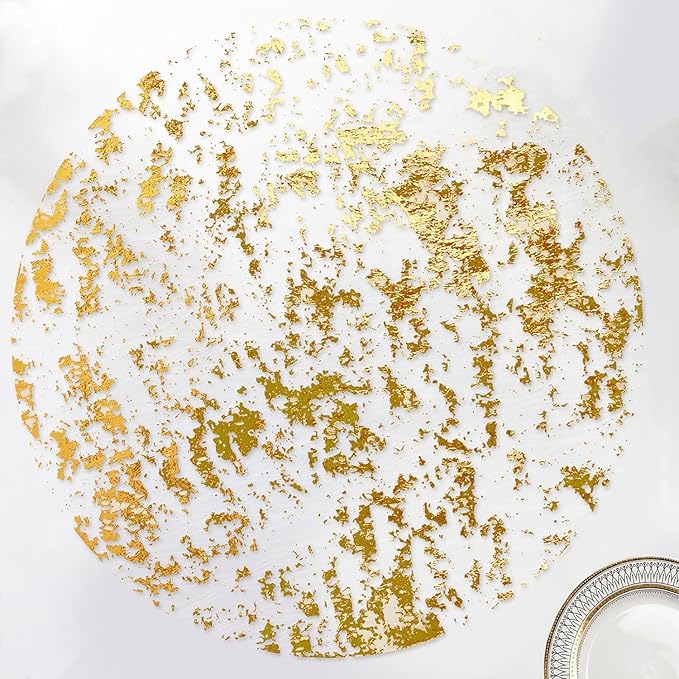 Disposable Gold Placemats Set of 50 Metallic Thin Round 13 Inch Gold Doilies Mesh Pressed Fall Table Placemates 50 Pack Gold Charger Plates for Wedding, Birthday Party