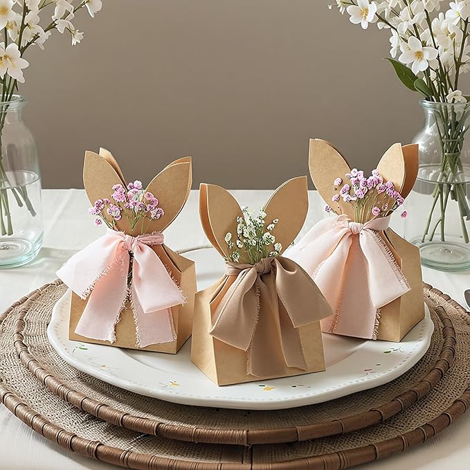 Affrolling 24 Set Boho Bow Easter Bunny Party Favor Bags DIY Bunny Gift Boxes with Neutral Bow Ribbon and Dried Flowers Rustic Paper Rabbit Ears Treat Bags Bulk for Easter Spring (Brown)
