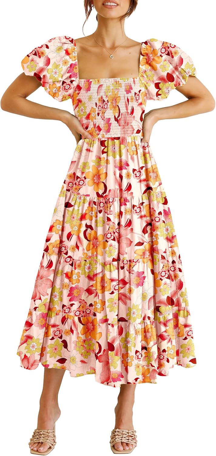 PRETTYGARDEN Women's Casual Summer Midi Dress Puffy Short Sleeve Square Neck Smocked Tiered Ruffle Dresses