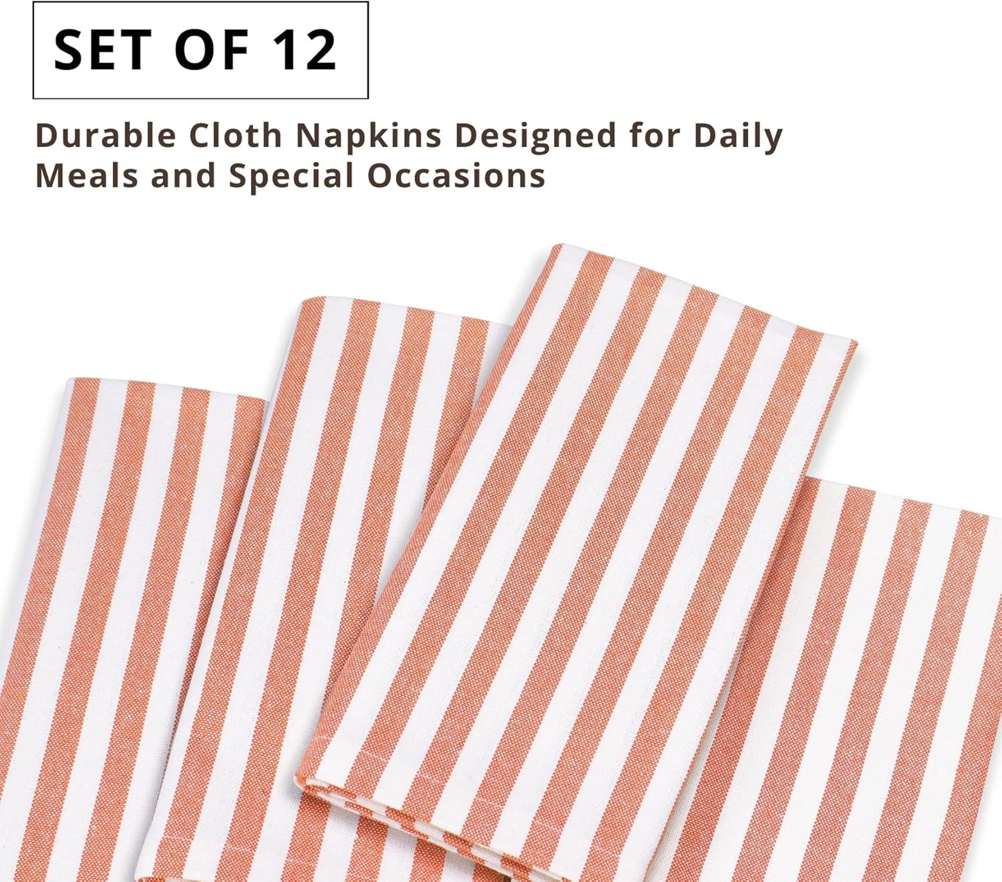 PurpleEssences Plain Striped Cloth Napkins - Set of 12-100% Cotton - 18 x 18 Inch - Fall Thanksgiving - Perfect Everyday Use Dinner Napkin - Orange White