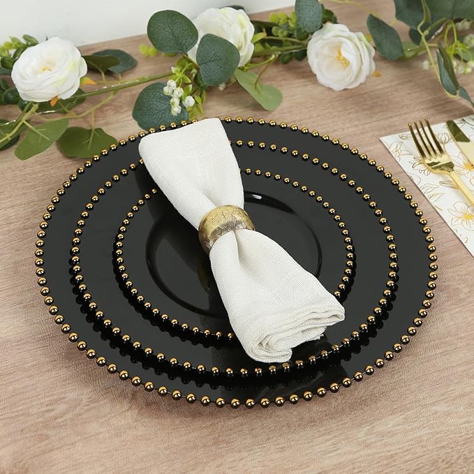 Efavormart 10-Pack Economy Plastic Charger Plates 13" Round Black with Gold Beaded Rim - Stylish Dinner Party Serving Plates