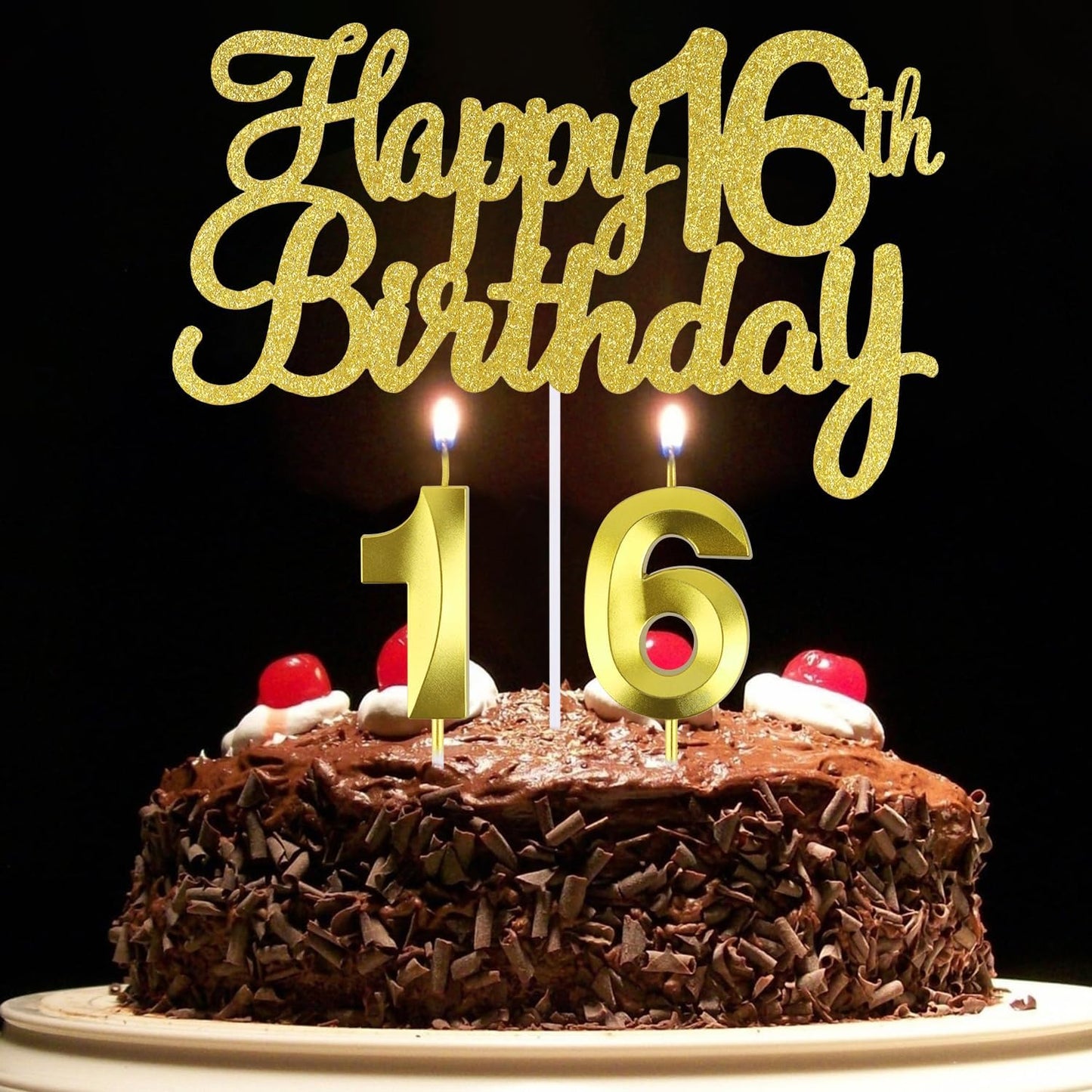 Happy 16th Birthday Cake Topper + 16 th Birthday Candles, 16 Cake Topper, Gold Number 16 Candles, Happy 16th Birthday Cake Decorations, 16 Birthday Decorations for Boys and Girls (16)