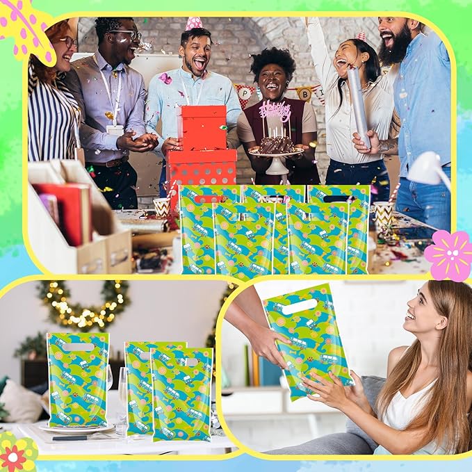 Frienda 100 Pcs Mysterious Dog Party Plastic Gift Bags with Handles 9.84''x6.5'' Cartoon Car Dog Goodie Bags Groovy Retro Daisy Flower Gift Candy Treat Favors for Picnic Summer Birthday Party Supplies