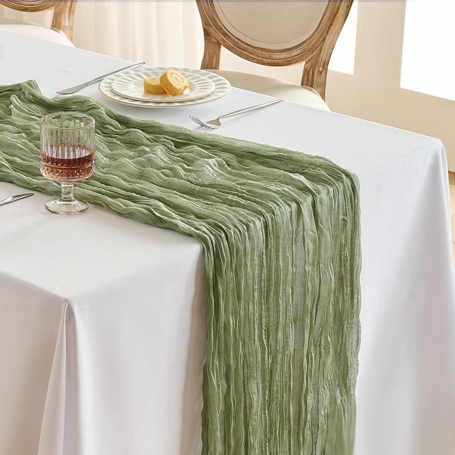 Fanami 3 Pack Cheesecloth Table Runner -10FT Sage Green Boho Gauze Cheese Cloth Table Runner 120 Inches Long Rustic Sheer Fabric Centerpieces for Wedding Birthday Party Bridal Baby Shower Decorations