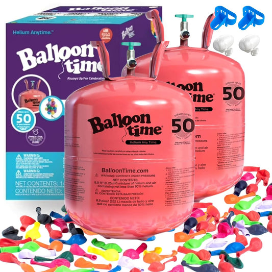 Helium Tank for Balloons At Home, 14.9 Cu Ft Helium Balloon Pump Kit with 50 Assorted Latex Balloons, White Curling Ribbon and Balloon Tie Tool (Pack of 2)