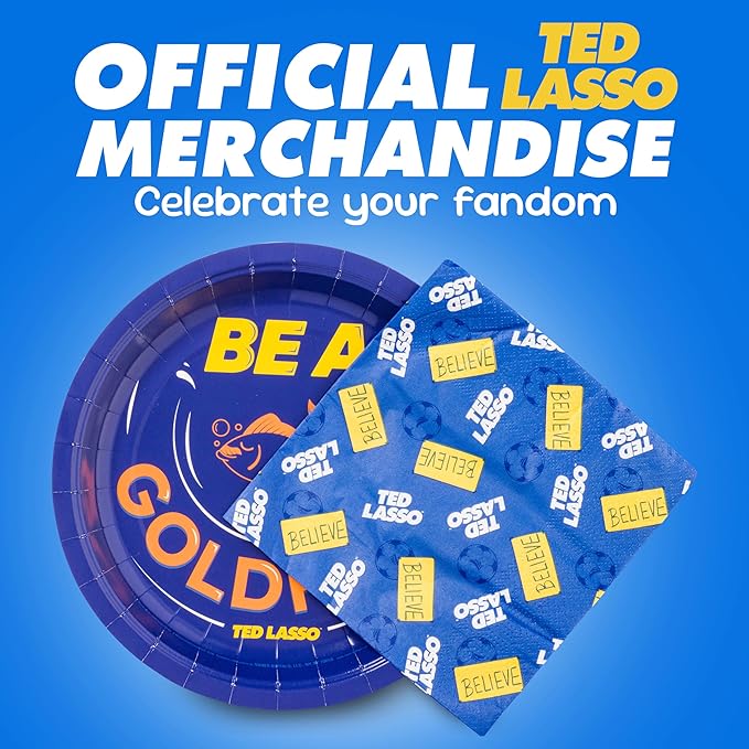 Silver Buffalo Ted Lasso Be a Goldfish Believe 32 Pack Partyware Disposable Paper Plates and Napkins