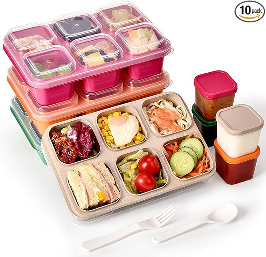 4-Pack Leakproof Bento Box & Snack Containers for Kids & Adults | 6-Compartment with 4 Sauce Cups | Ideal for School, Office, Picnic & Travel (38oz/1100ml) (Pink/Beige/Orange/Green)