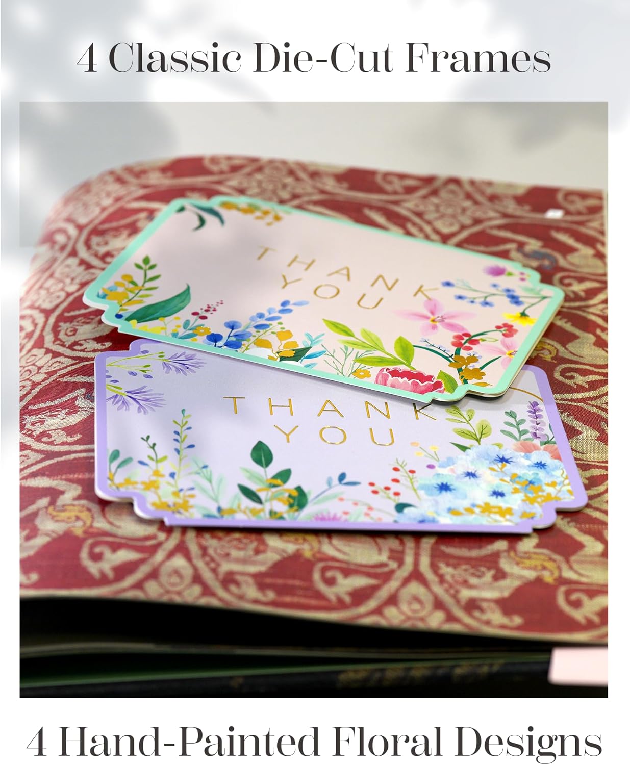 Floral Thank You Cards Bulk with Envelopes, 100-Pack, 4 Hand-Painted Designs, Die-Cut Edges for Baby/Bridal Shower Thank You Notes, Wedding, Birthday Party, Thanksgiving, Sage Green Lace-Lined Env. (4.25"x5.5")
