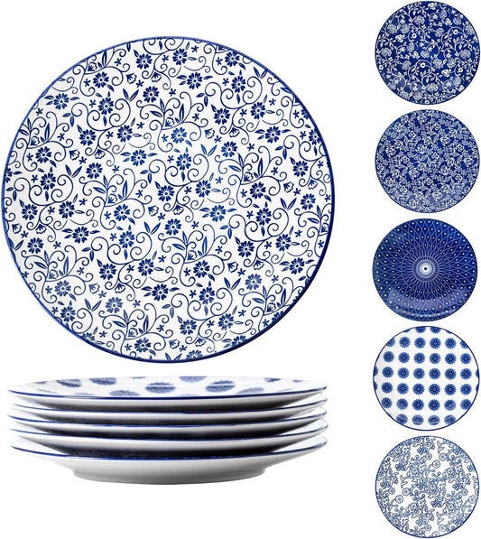 Ceramic Dinner Plates Set - 10.5 Inch Large Kitchen Porcelain Salad Serving - Scratch Resistant Microwave Oven Dishwasher Safe - Dishes for Pizza Pancakes Pasta Steak - Set of 6 - Vintage Blue