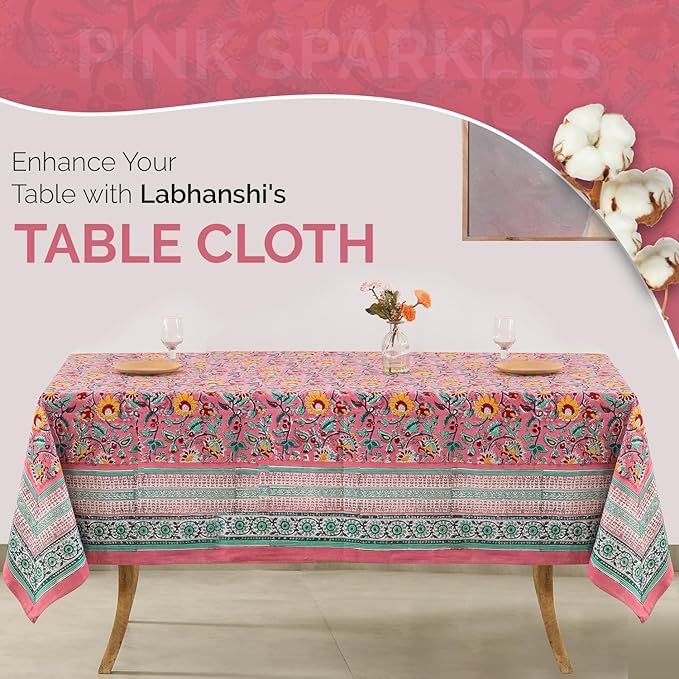 Labhanshi Indian Hand Block Print Table Cloth|French Floral 10 Seater 72x135 Inches Rectangle Cotton Table Cover|Spring Easter Patio Dining Tablecloth|Garden Tea Party Table Decor|Pink Sparkles