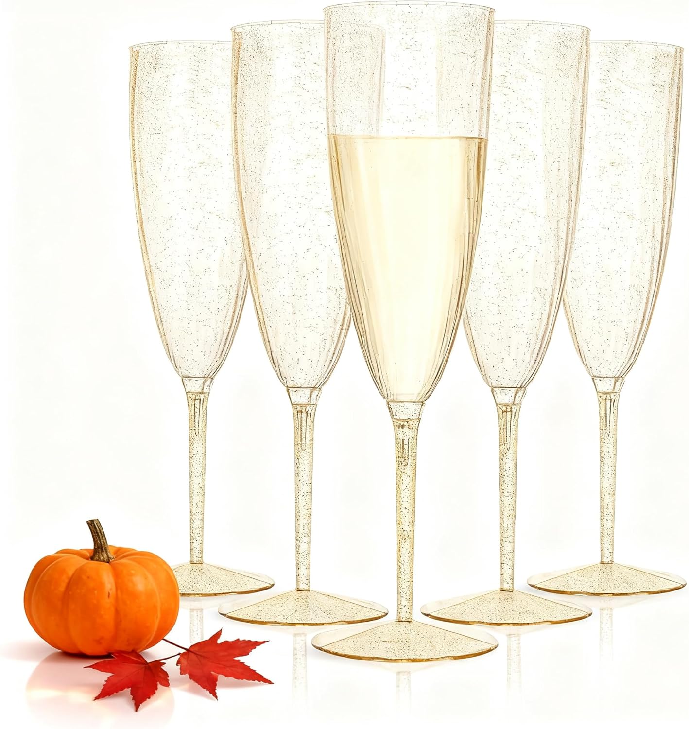 WDF 36-Pack Plastic Champagne Flutes - Gold Glitter Champagne Glasses Disposable - Perfect for Thanksgiving, Weddings, Birthday, Bridal Showers