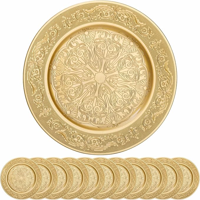12 Pack Gold Charger Plates, 13 Inch Gold Round Chargers for Dinner Plates, Decorative Dinner Chargers, Antique Plastic Table Charger and Service Plates for Wedding Holiday Party
