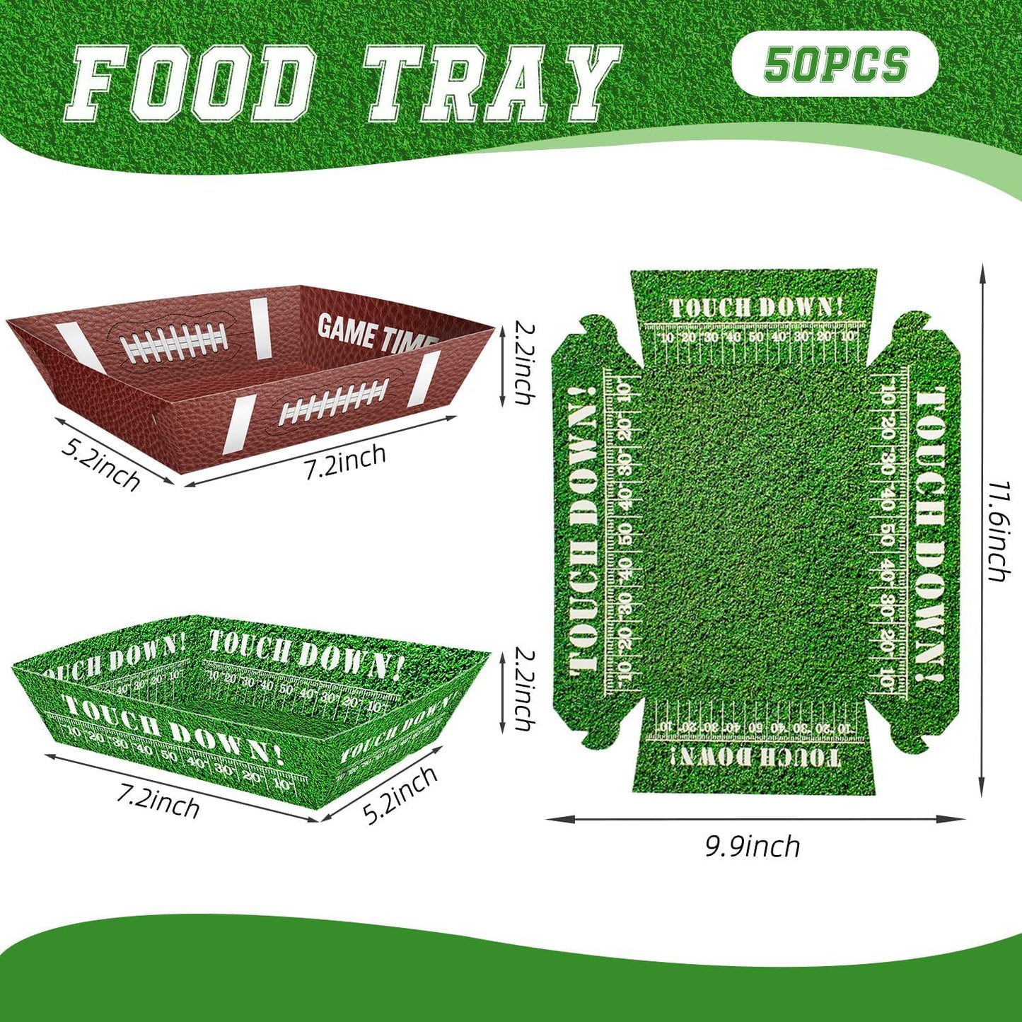 50 Pcs Football Party Decorations, Disposable Football Paper Snack Trays, Large Serving Boats for Super Bowl Party, Birthday, Tailgate & Sports Theme Events – 2 Designs