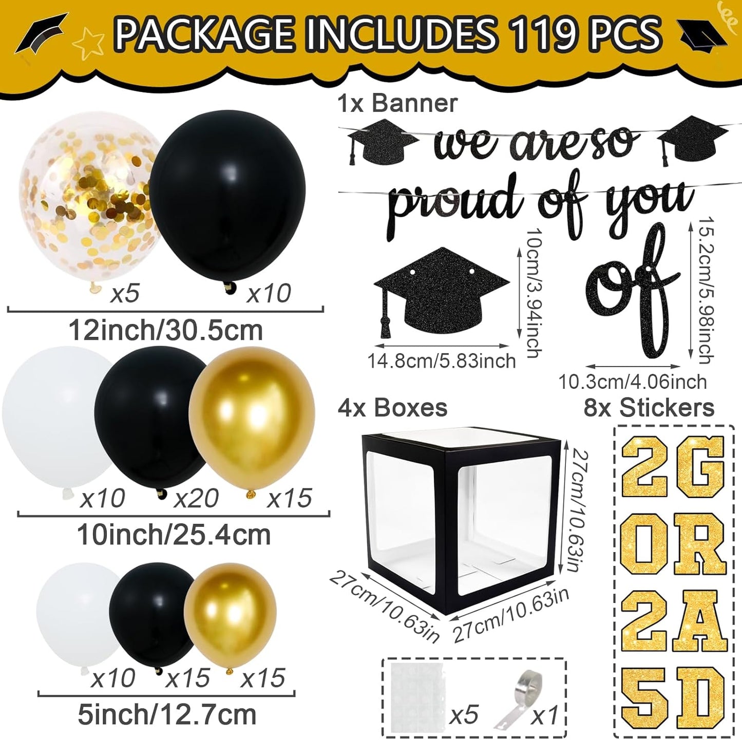 Graduation Decorations Class of 2025 - Black Gold Graduation Party Decorations include Balloon Boxes with Letters, Banner and Balloon Arch Kit for 2025 Grad Party Supplies Photo Backdrop