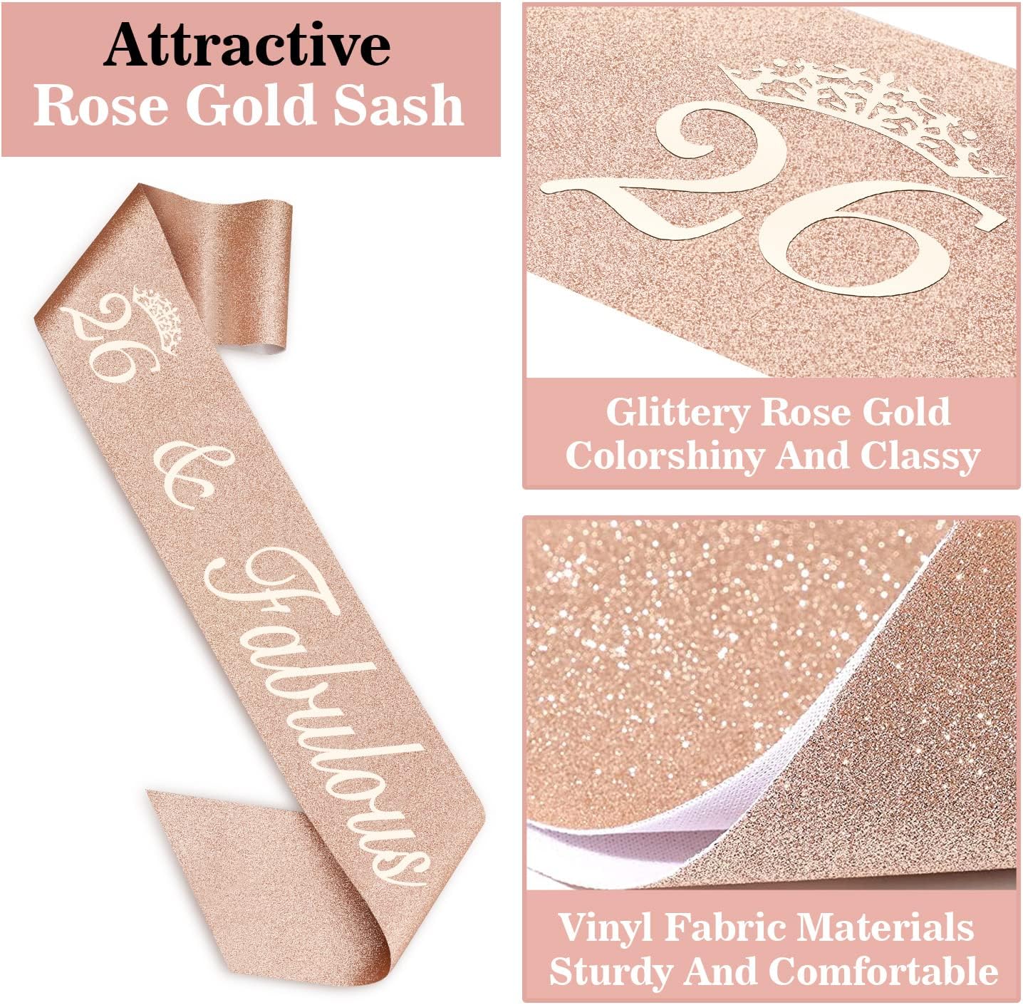 26th Birthday Sash and Tiara for Women Including Rhinestone Crown, Fabulous Sash, Candles and Cake Topper, 26 Year Old Decorations Gifts for Women, Rose Gold Party Decor Supplies