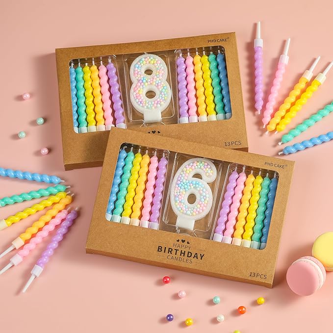 PHD CAKE Number 7 Birthday Candle Macaron Glitter Number Candle with Rainbow Spiral Candles in Holders for Cake Topper, Pastel Sweet Theme Party Decoration