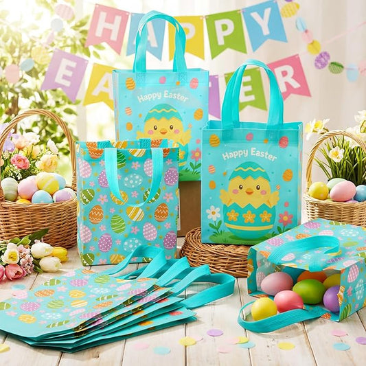 Wovnet 30 Pcs Easter Gift Bags Pastel Colors Easter Eggs Goodie Treat Tote Bags with Handle Reusable Non Woven Eggs Party Favor Pouch for Spring Party Supplies 10 x 8 x 4in