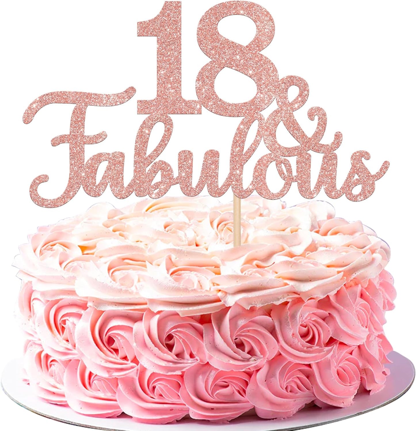 1 PCS 18 & Fabulous Cake Topper Glitter Eighteen and Fabulous Cake Toppers Happy 18th Birthday Cake Pick for 18th Wedding Anniversary Birthday Party Cake Decorations Supplies Rose Gold