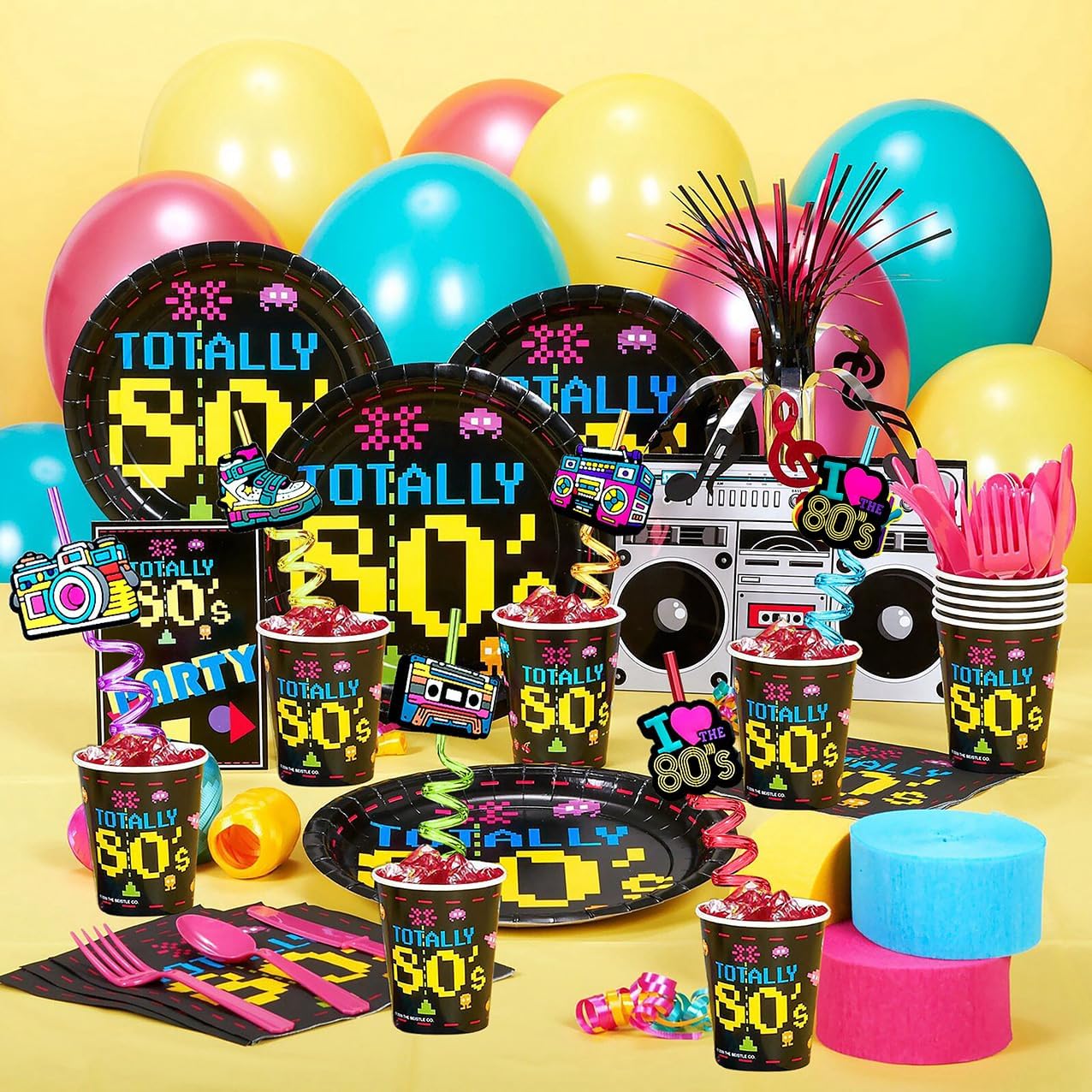 24pcs 80s Party Favors Retro Straws Hip Hop Themed Music Party Decorations Straws 80s Radio Speaker Phone Tape Supplies With 2 Brushes 8 Color