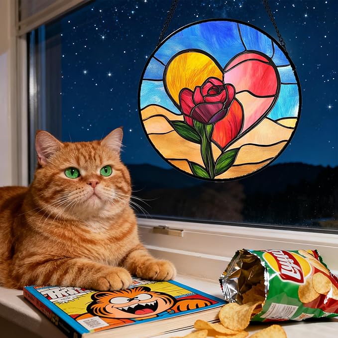 Stained Glass Window Hanging Pink Heart Roses Large 15" - Suncatcher Door Garden Sun Catcher Home Decor Valentine Birthday Christmas for Mom Woman Lover Friends Wife Girl