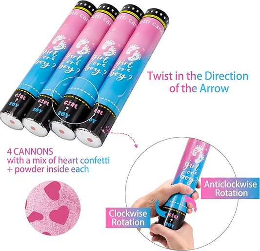 Crisky Gender Reveal Confetti Cannon Heart Shaped Confetti Poppers 4 Pack (Pink) for Baby Shower Baptism Party Cannons Shooter Blaster