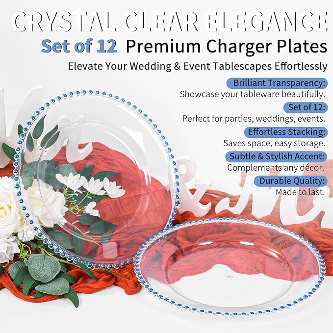 12 Pack Clear Charger Plates Bulk Wedding, 13 Inch Plastic Round Dinner Chargers with Blue Beaded Rim, Acrylic Round Decorative Plates for Wedding Party Home and Tabletop Decor (Blue)