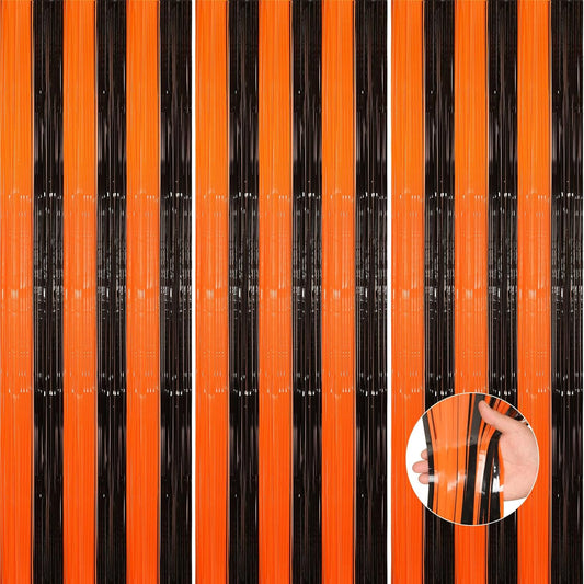 Accevo Black Orange Party Streamers 3Pack 3.2ft x 8.2ft Tinsel Black Orange Streamers Party Decorations Door Decorations Foil Fringe Curtain Halloween Christmas Party Decorations Orange Party Decor