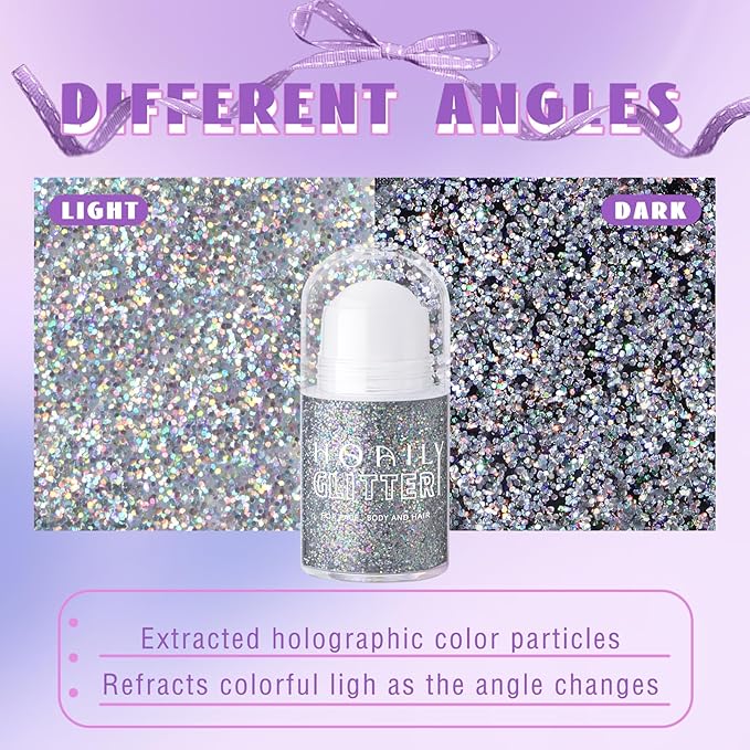 HOSAILY Roll-on Holographic Body Glitter Gel for Face Hair, Chameleon Color Changing Glitter Gel Under Light, Chunky Mermaid Sequins Festival Party Rave Accessories Shimmer Makeup (Silver)