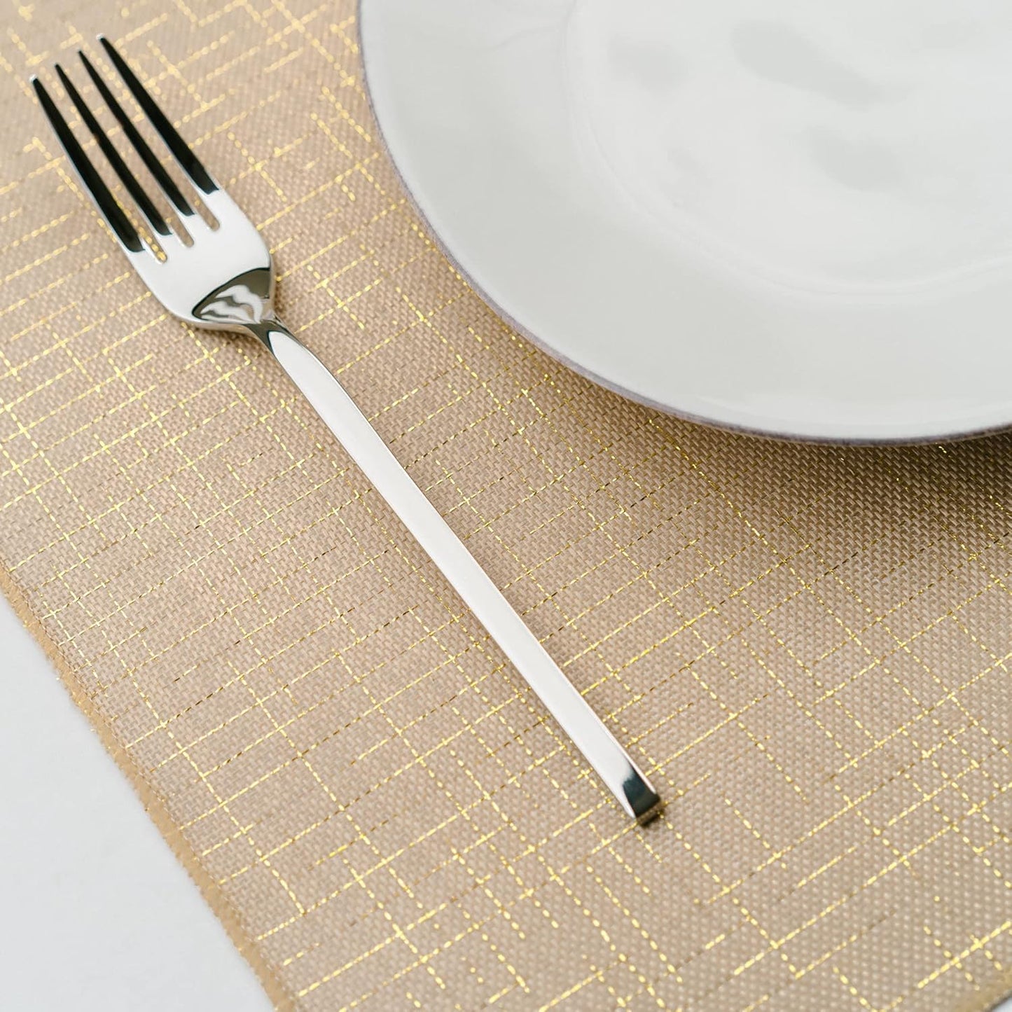 PapaKit Faux Burlap Glitzing Dinning Table Placemats (Set of 6) for Holidays, Wedding Decoration, Parties and Special Events Natural with Metallic Gold Stripes