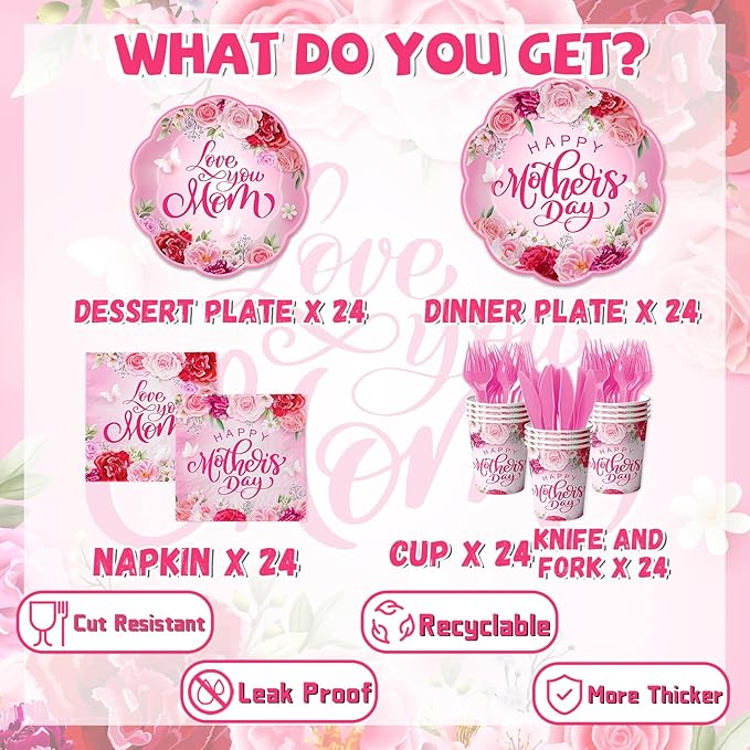 Happy Mother’s Day Party Supplies-144Psc Floral Day Plates and Napkins Cups for 24 Guests,Watercolor Flowers Design for Mothers Day Dinner Party Decorations,Family Brunch Tableware