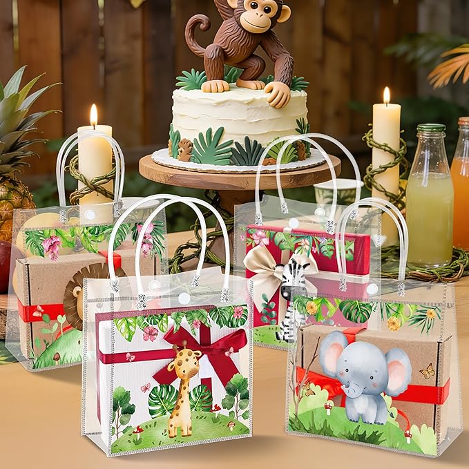 H1vojoxo Jungle Animals Gift Bags - 24PCS Safari Clear PVC Gift Bags Reusable Elephant Zebra Lion Giraffe Cartoon Jungle Animals Party Bag for Kids Birthday Baby Shower Wild One Birthday Decoration