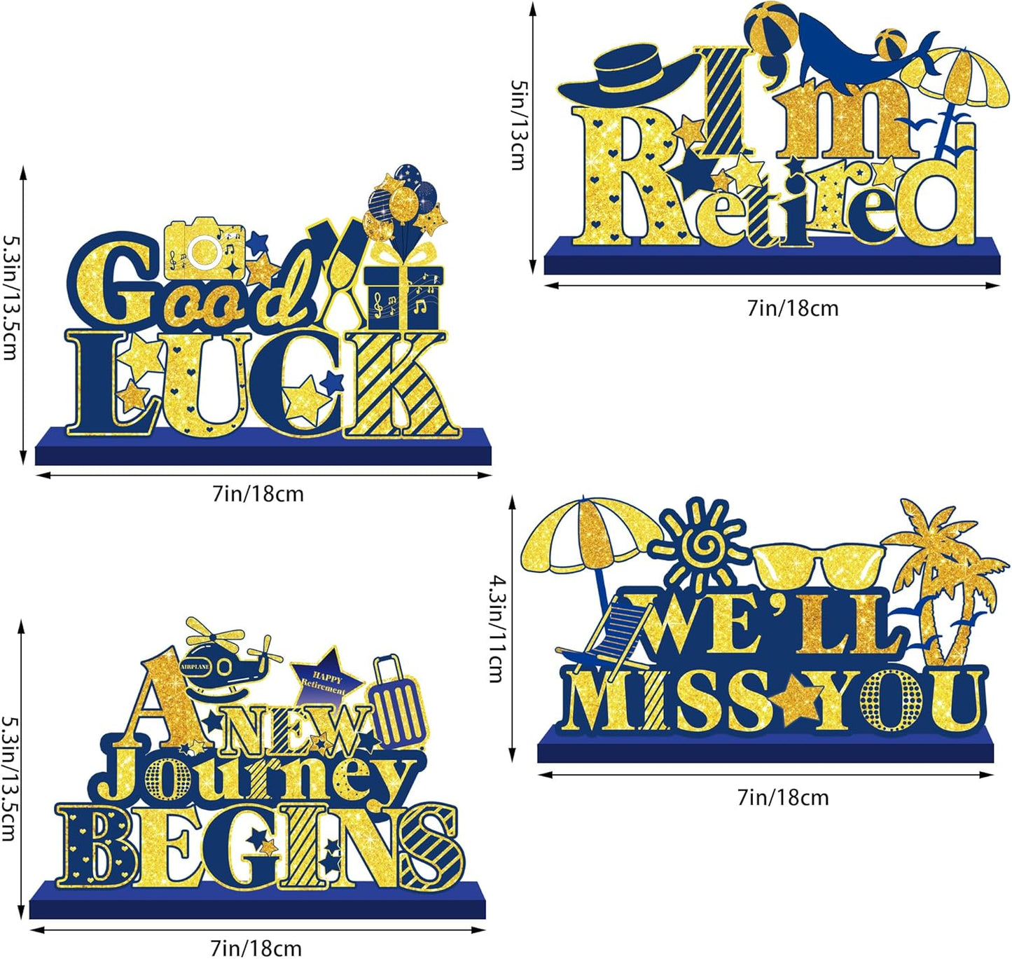 4Pcs Retirement Party Decorations Wooden Table Sign, Blue Gold Retirement Wooden Table Centerpieces Party Supplies, Retired Theme Farewell Sign, Retirements Gift We'll Miss You Decor (blue)