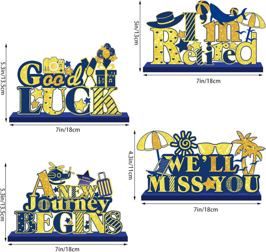 4Pcs Retirement Party Decorations Wooden Table Sign, Blue Gold Retirement Wooden Table Centerpieces Party Supplies, Retired Theme Farewell Sign, Retirements Gift We'll Miss You Decor (blue)