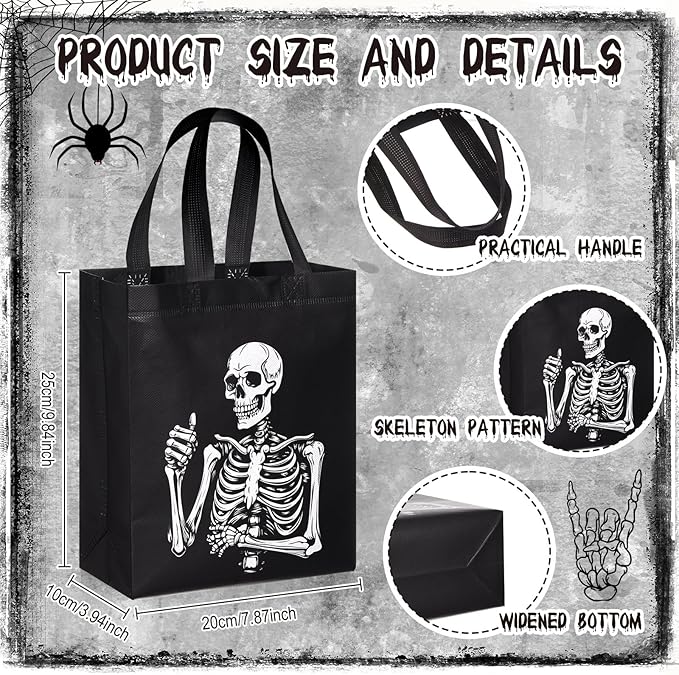 Wesnoy 48 Pcs Halloween Skeleton Gift Bags Party Favors Reusable Black White Non Woven Skull Goodie Candy Treat Tote Bags Bulk with Handles Hippie Dancing Skeleton for Birthday Party