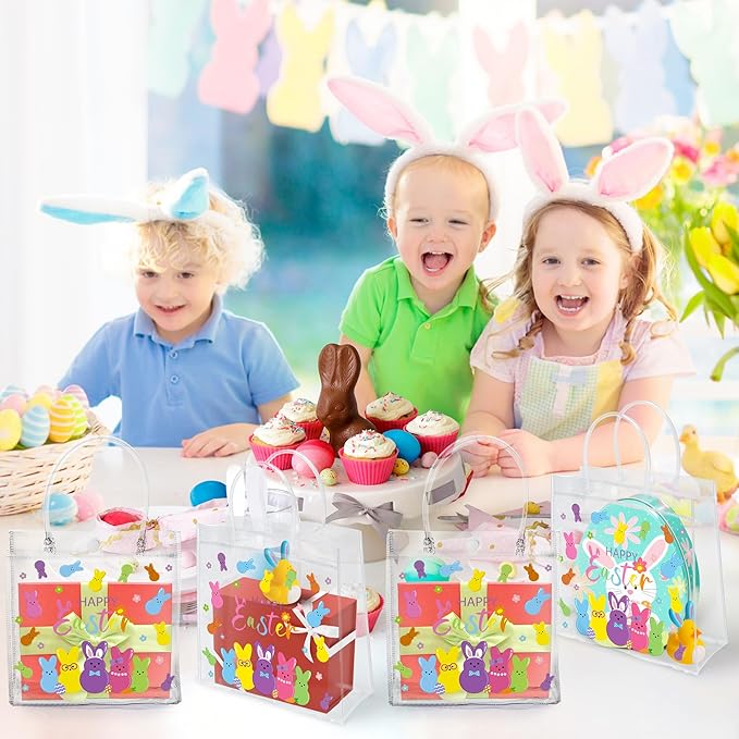 H1vojoxo Happy Easter Gift Bags - 24PCS Easter Colorful Bunny Clear PVC Tote Bags with Handle 7.87x3.1x7.87Inch Printed with Rabbits Clear Reusable PVC Gift Wrap Bags for Snack Candy Treat Party Favor